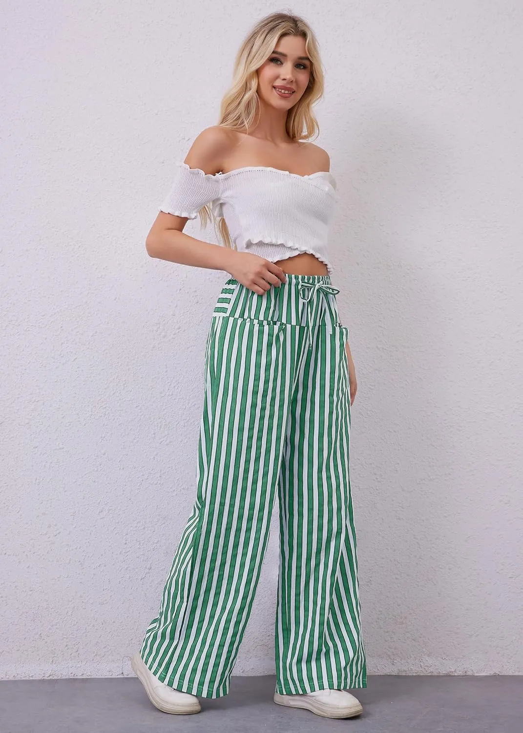MISSACTIVER Women Drawstring Striped Pants Loose Wide Leg Trousers Casual Low Waist Pants Comfy Lounge Pants with Pockets