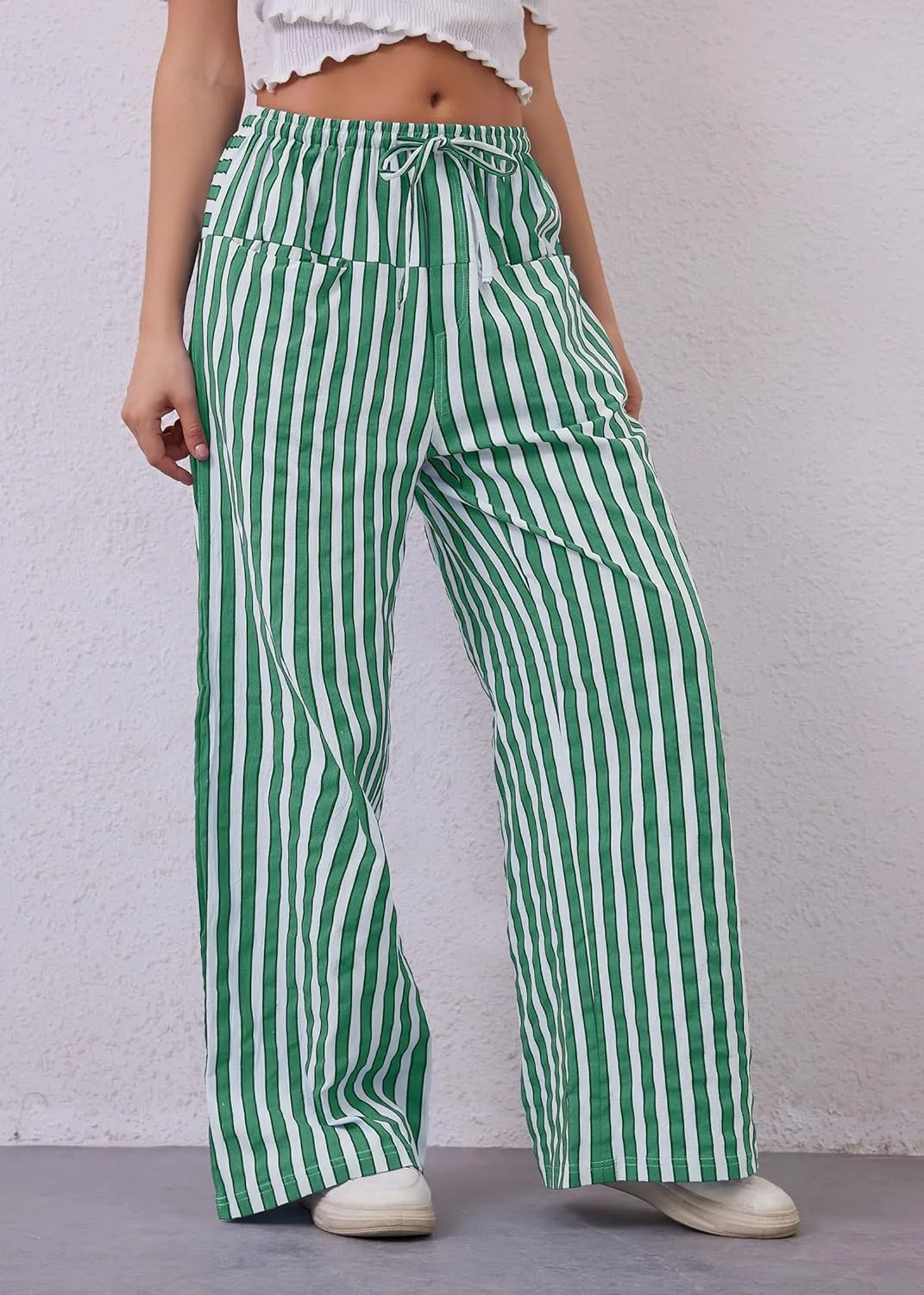 MISSACTIVER Women Drawstring Striped Pants Loose Wide Leg Trousers Casual Low Waist Pants Comfy Lounge Pants with Pockets