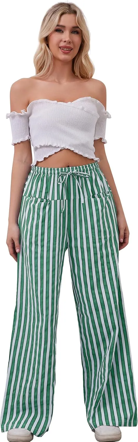 MISSACTIVER Women Drawstring Striped Pants Loose Wide Leg Trousers Casual Low Waist Pants Comfy Lounge Pants with Pockets