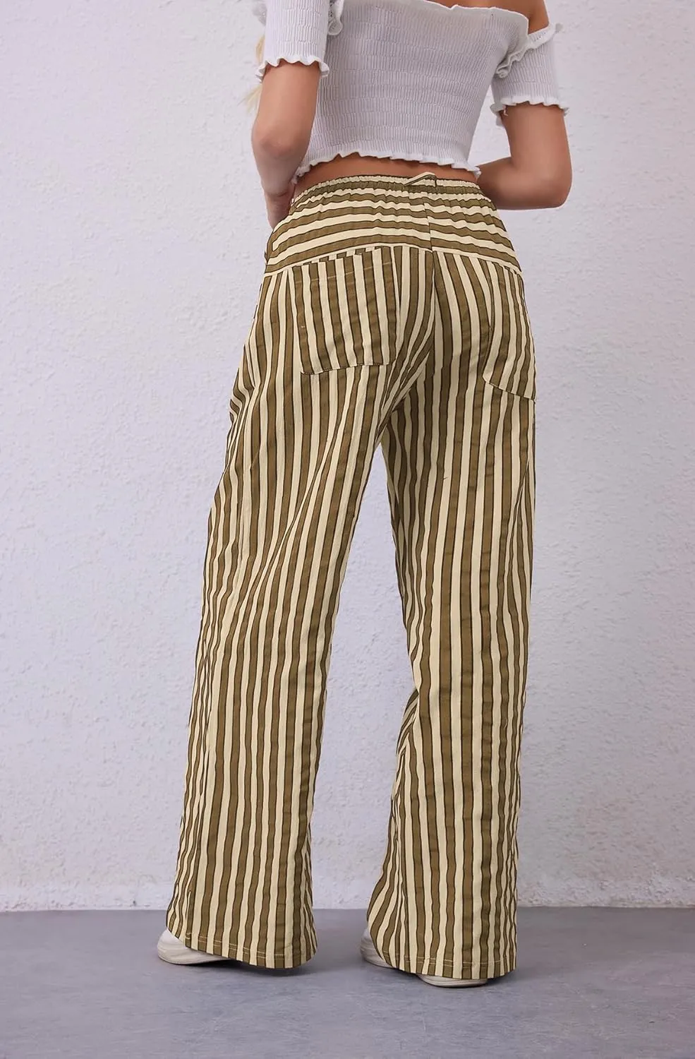 MISSACTIVER Women Drawstring Striped Pants Loose Wide Leg Trousers Casual Low Waist Pants Comfy Lounge Pants with Pockets