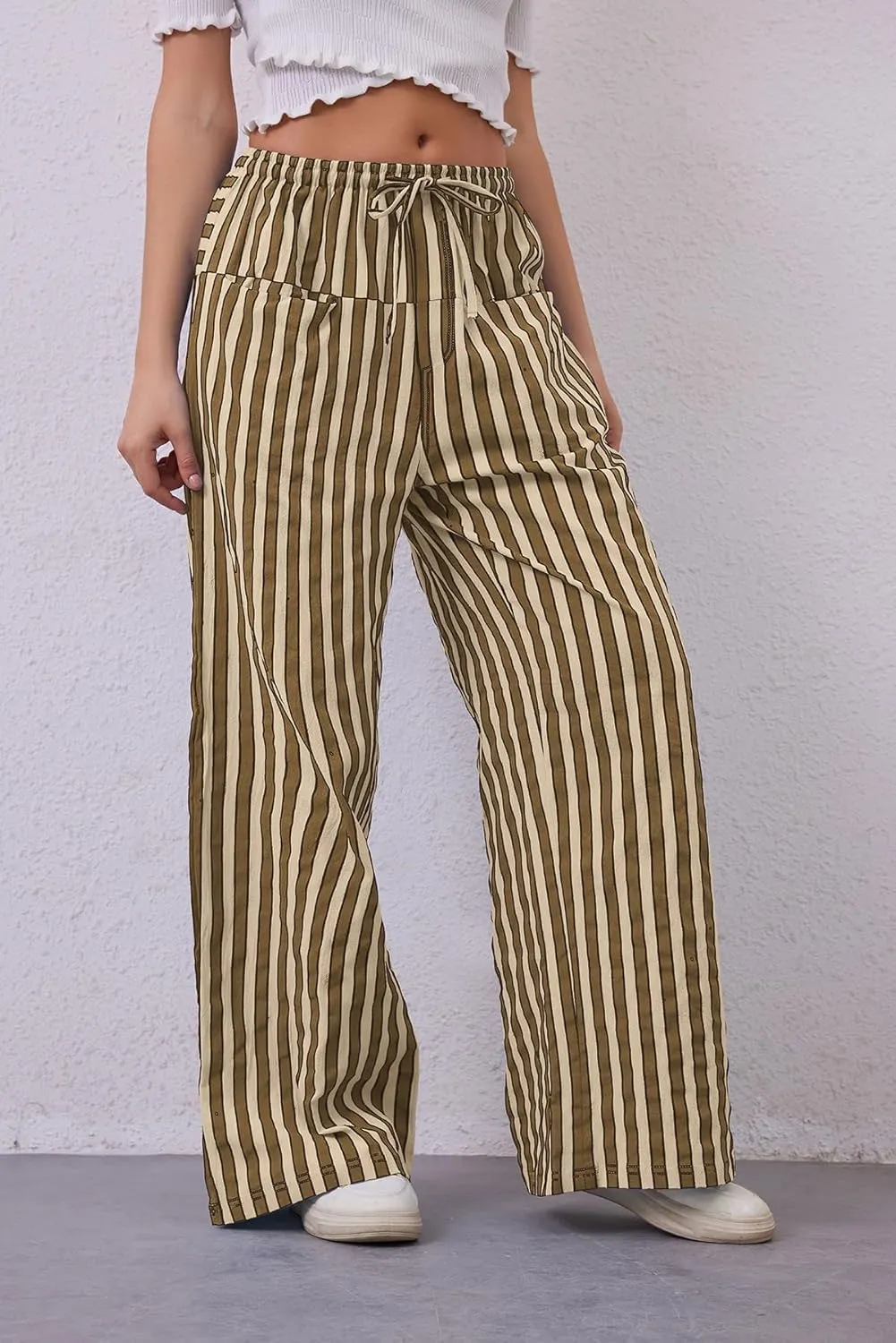 MISSACTIVER Women Drawstring Striped Pants Loose Wide Leg Trousers Casual Low Waist Pants Comfy Lounge Pants with Pockets