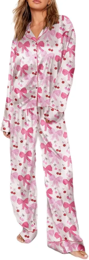 Miyaomn 2 Piece Silk Satin Pj Sets for Women Ugly Christmas Pajamas Button-Down Long Sleeve Sleepwear Loungewear with Pockets