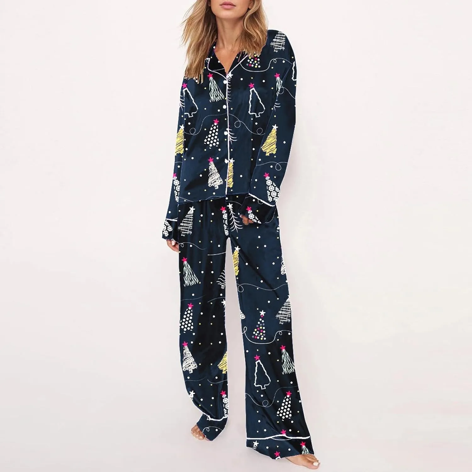 Miyaomn 2 Piece Silk Satin Pj Sets for Women Ugly Christmas Pajamas Button-Down Long Sleeve Sleepwear Loungewear with Pockets