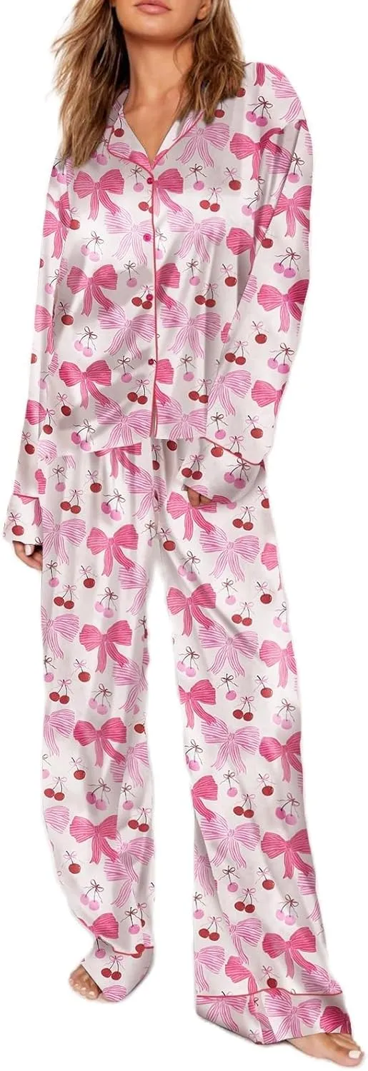 Miyaomn 2 Piece Silk Satin Pj Sets for Women Ugly Christmas Pajamas Button-Down Long Sleeve Sleepwear Loungewear with Pockets