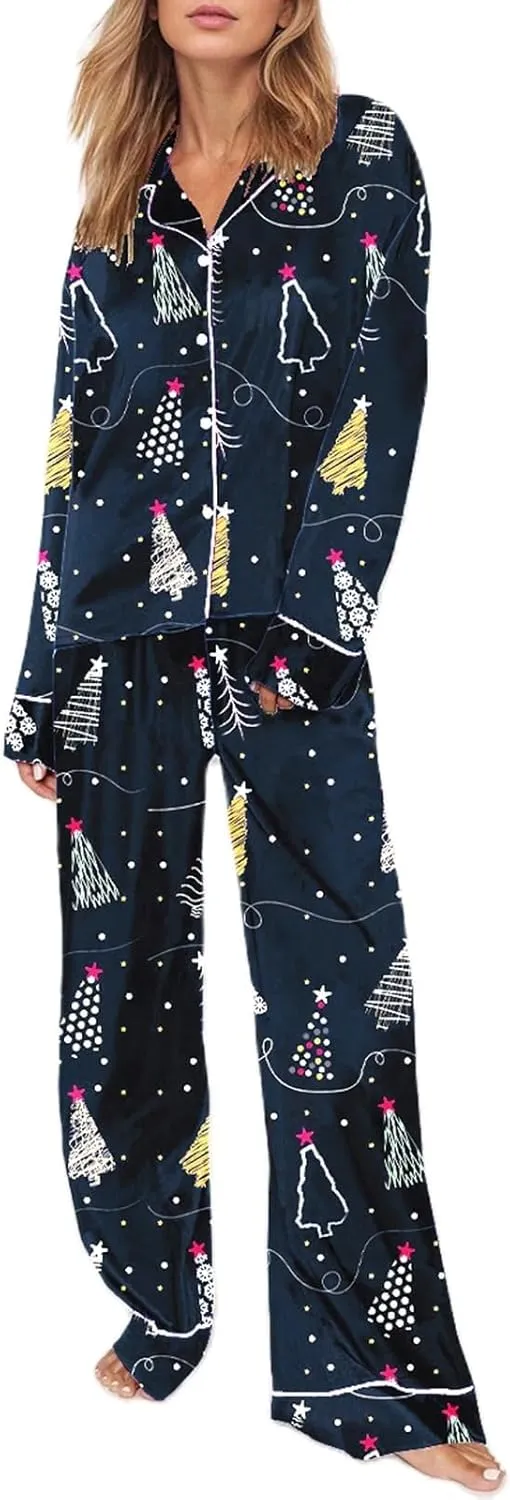 Miyaomn 2 Piece Silk Satin Pj Sets for Women Ugly Christmas Pajamas Button-Down Long Sleeve Sleepwear Loungewear with Pockets