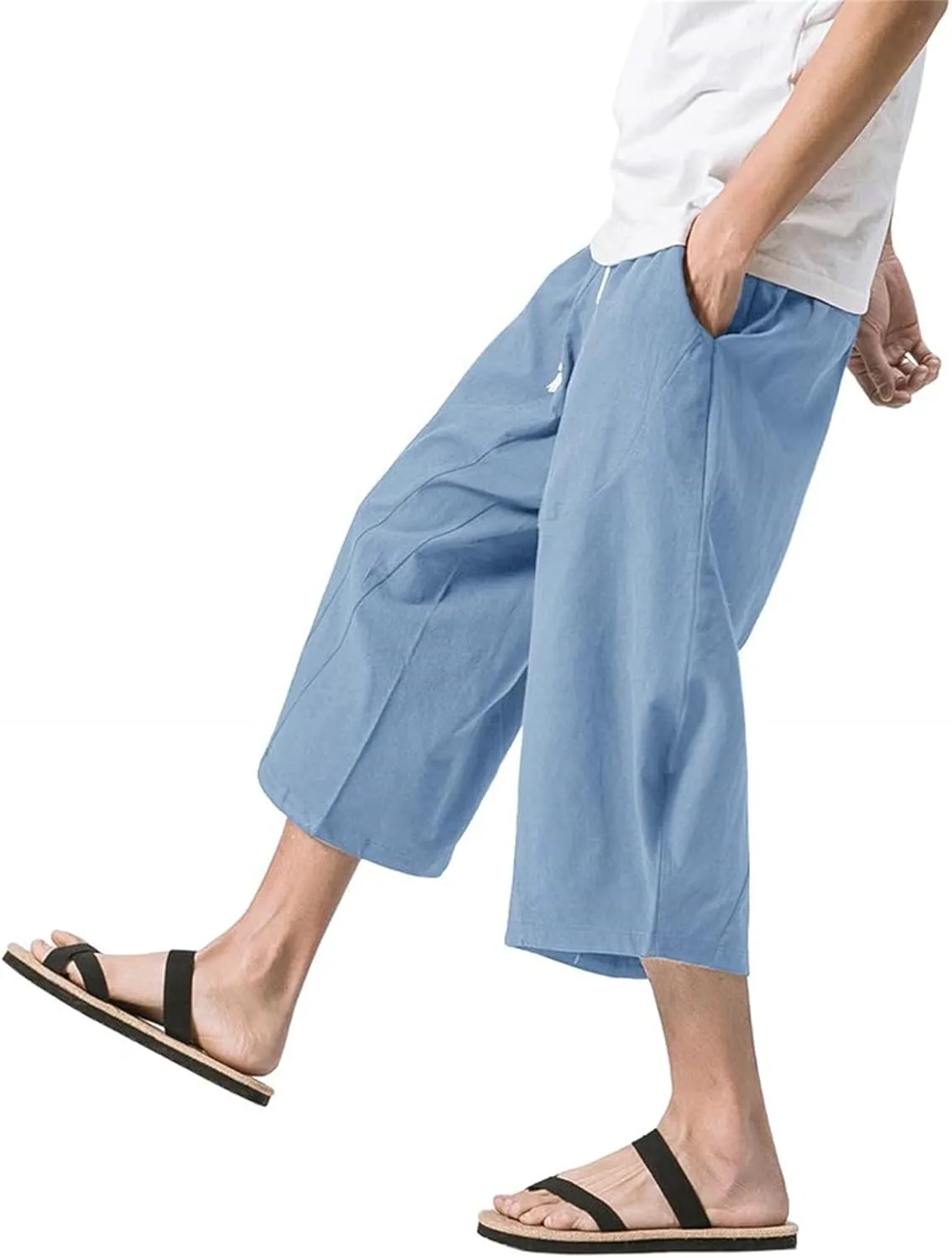 Mmoneyake Mens Linen Harem Capri Pants Loose Fit 3/4 Shorts Drawstring Elastic Waist Beach Yoga Trousers Baggy Wide Leg Pants
