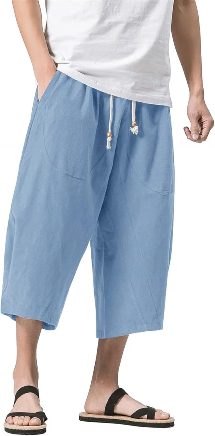 Mmoneyake Mens Linen Harem Capri Pants Loose Fit 3/4 Shorts Drawstring Elastic Waist Beach Yoga Trousers Baggy Wide Leg Pants