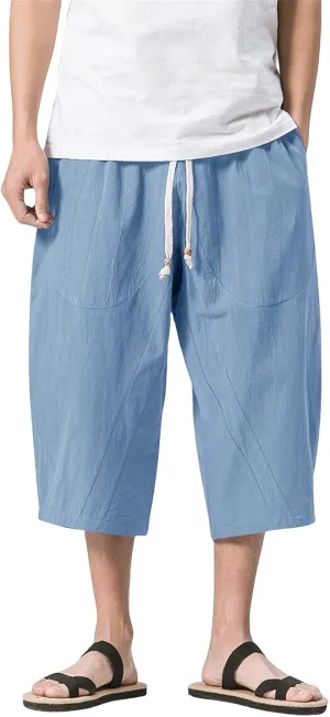 Mmoneyake Mens Linen Harem Capri Pants Loose Fit 3/4 Shorts Drawstring Elastic Waist Beach Yoga Trousers Baggy Wide Leg Pants