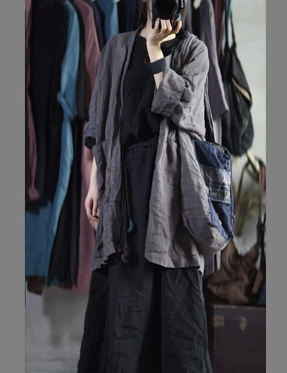 NFYM Wome's Long Trench Coat 100% Linen Lighweight Open Front Cardigan Patchwork Irregular Vintage Loose Windbreaker