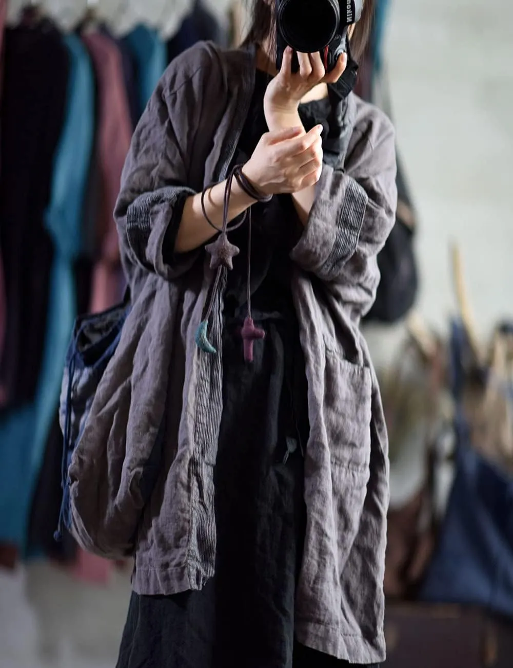 NFYM Wome's Long Trench Coat 100% Linen Lighweight Open Front Cardigan Patchwork Irregular Vintage Loose Windbreaker