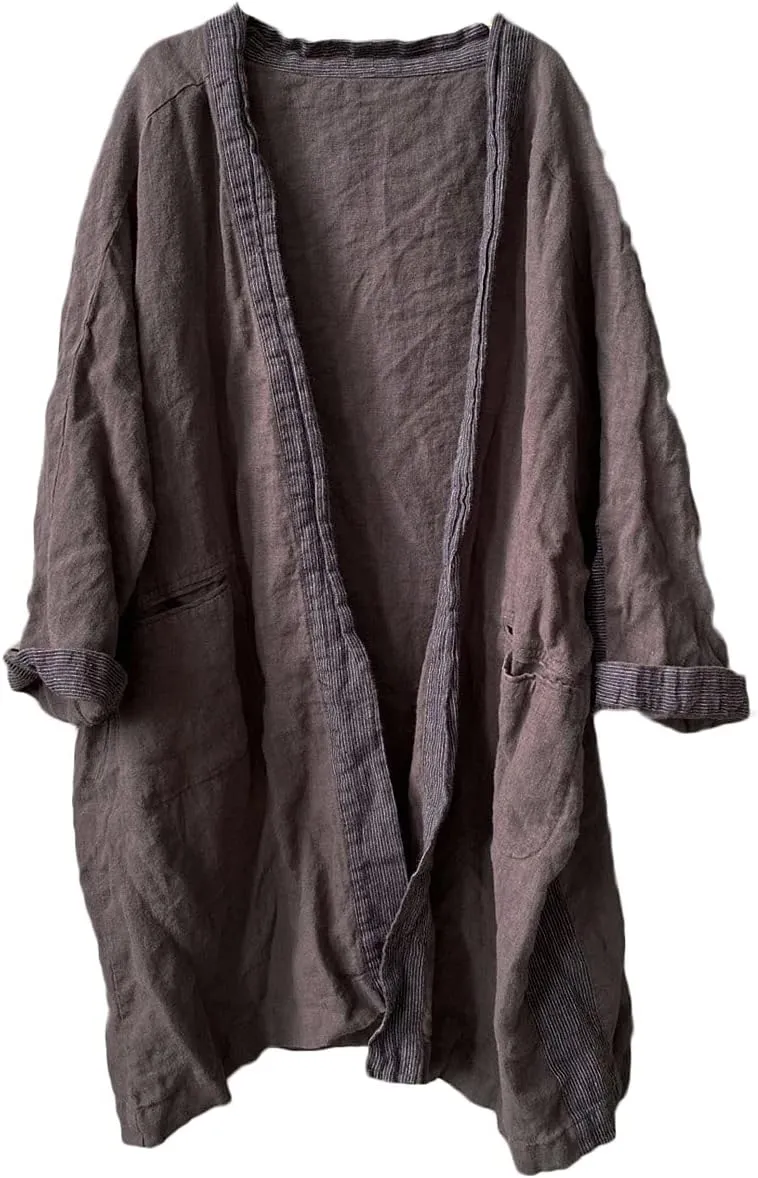 NFYM Wome's Long Trench Coat 100% Linen Lighweight Open Front Cardigan Patchwork Irregular Vintage Loose Windbreaker