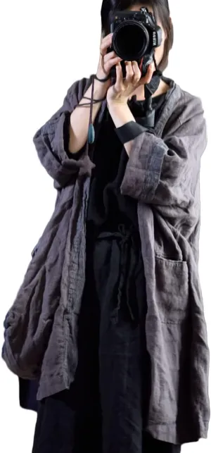 NFYM Wome's Long Trench Coat 100% Linen Lighweight Open Front Cardigan Patchwork Irregular Vintage Loose Windbreaker