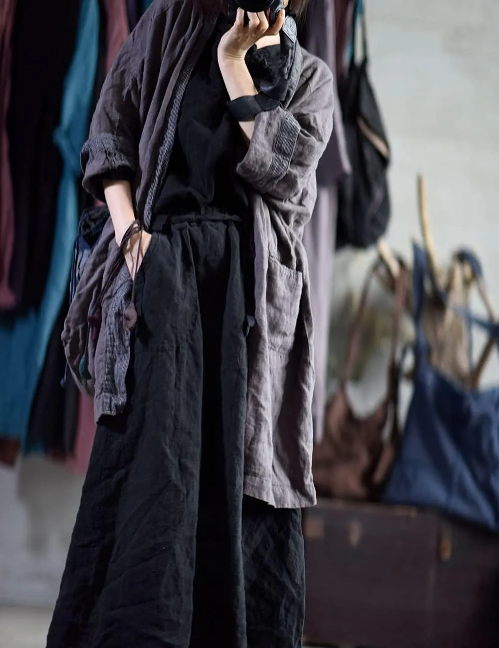 NFYM Wome's Long Trench Coat 100% Linen Lighweight Open Front Cardigan Patchwork Irregular Vintage Loose Windbreaker