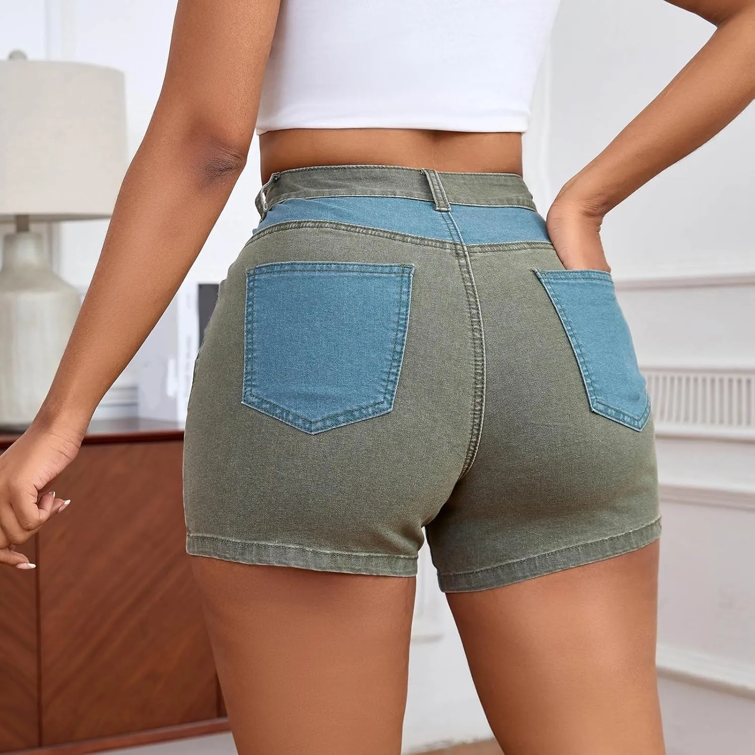Oplxuo Women High Waisted Skinny Stretchy Denim Shorts Sexy Casual Summer Color Block Patchwork Short Jeans