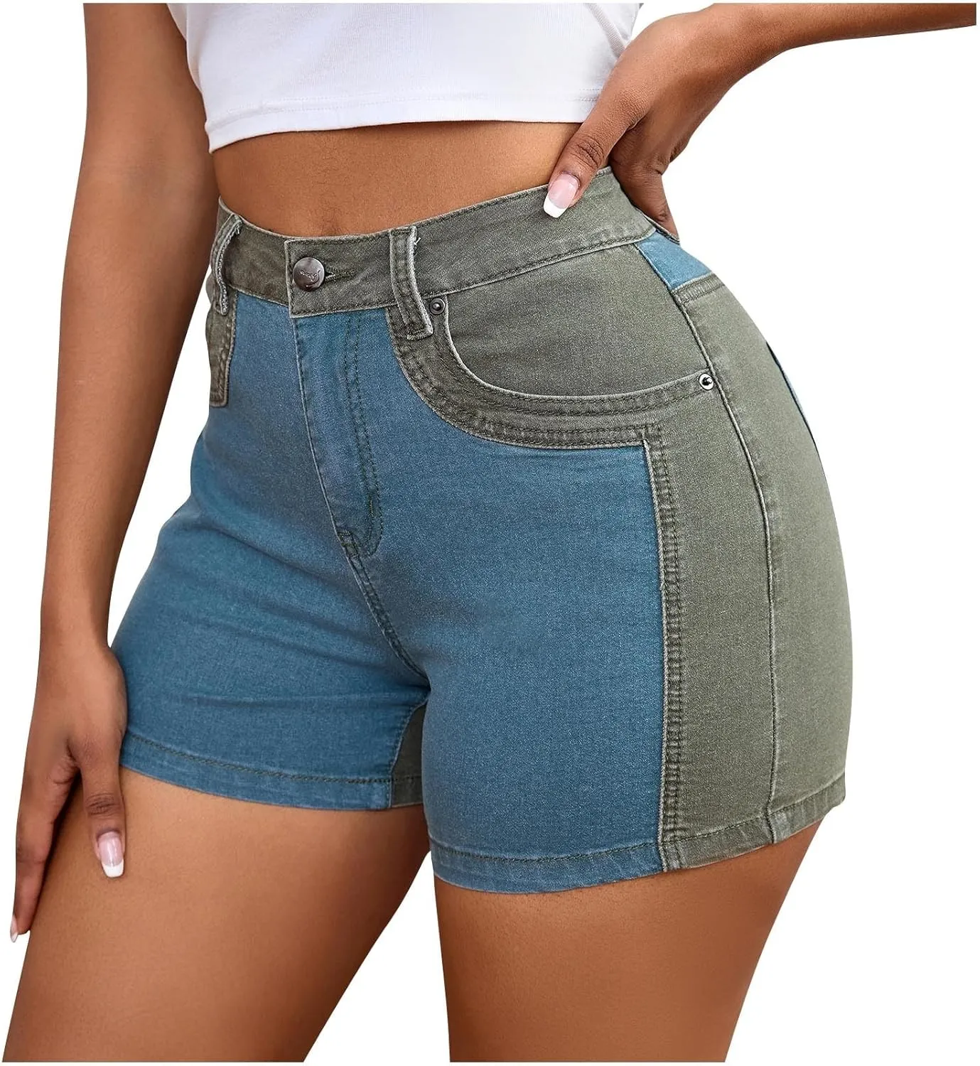 Oplxuo Women High Waisted Skinny Stretchy Denim Shorts Sexy Casual Summer Color Block Patchwork Short Jeans