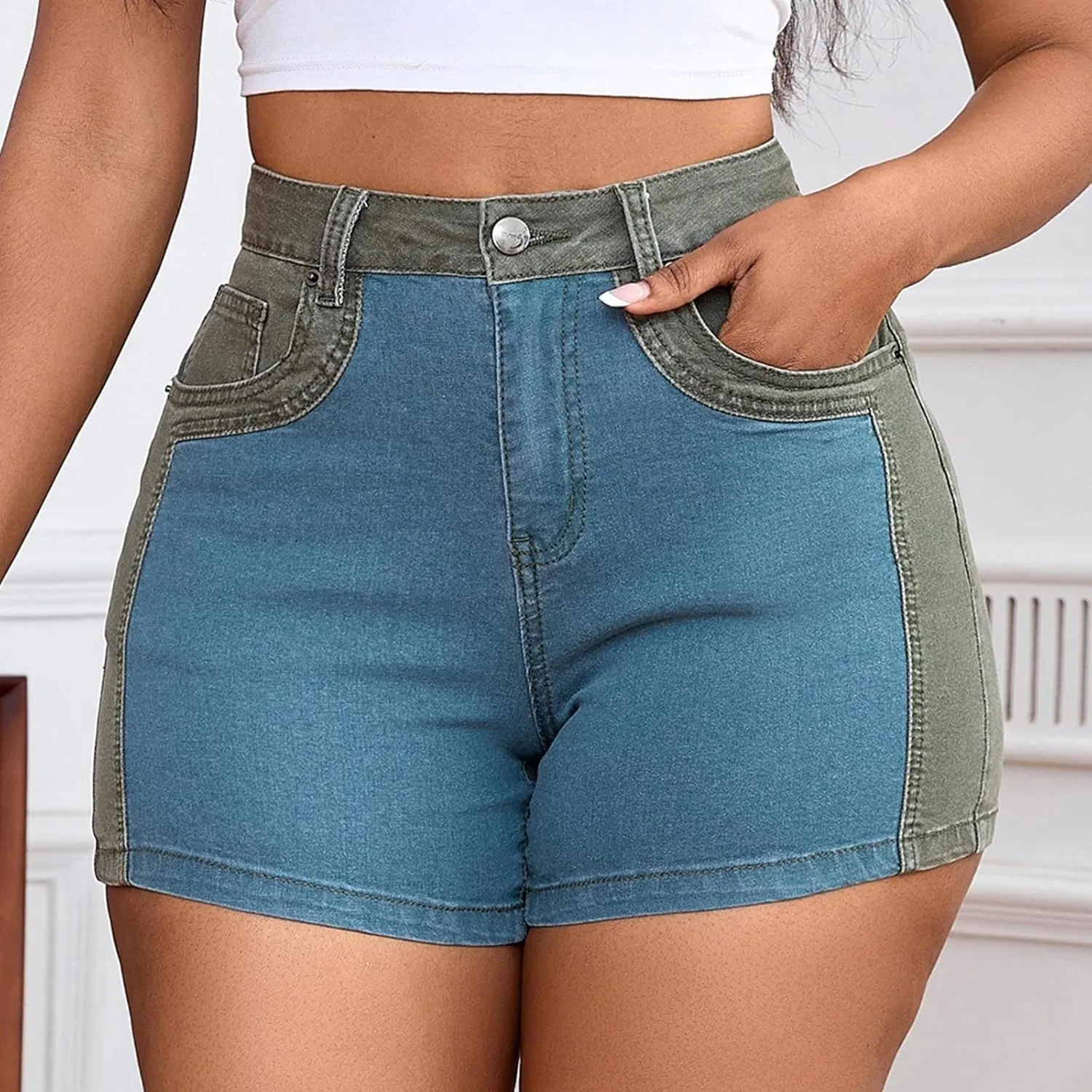 Oplxuo Women High Waisted Skinny Stretchy Denim Shorts Sexy Casual Summer Color Block Patchwork Short Jeans