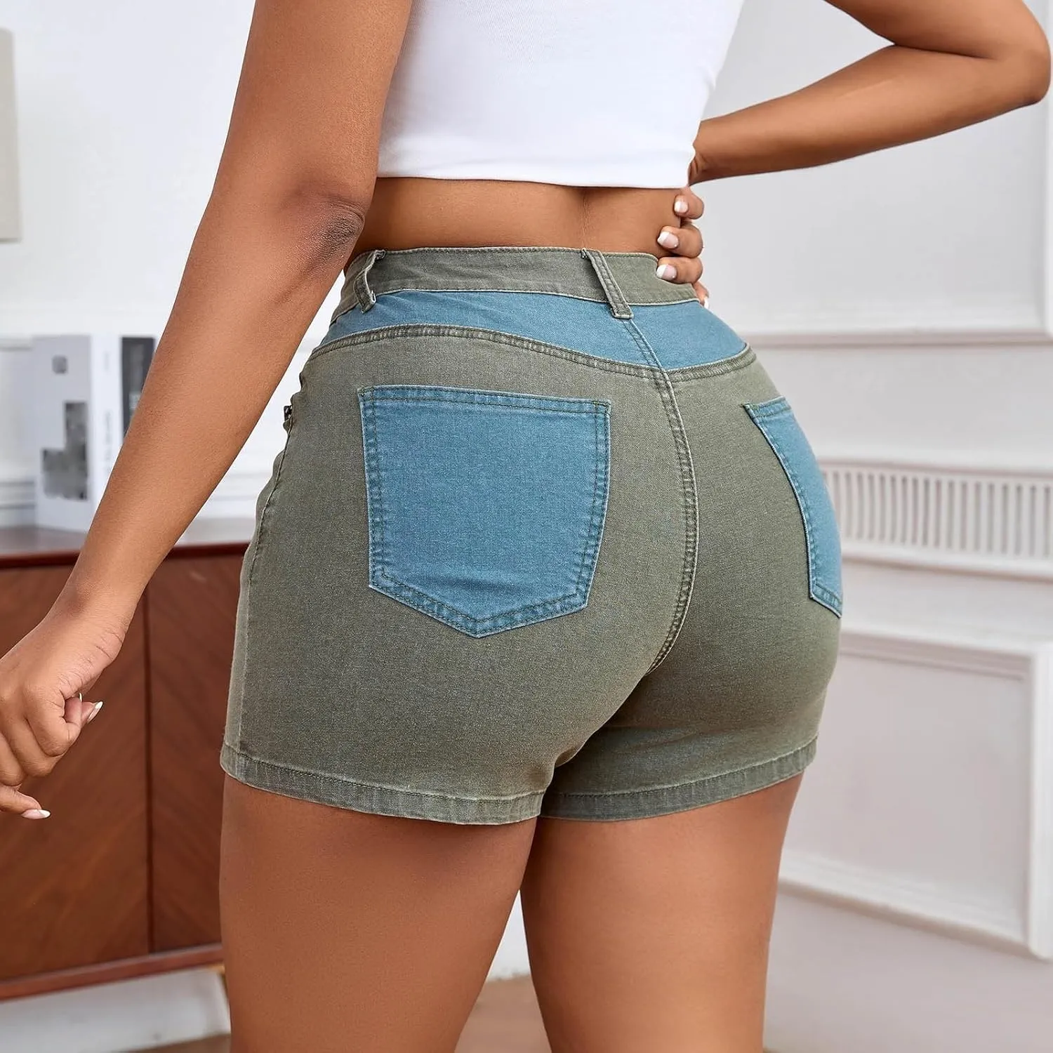 Oplxuo Women High Waisted Skinny Stretchy Denim Shorts Sexy Casual Summer Color Block Patchwork Short Jeans