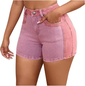 Oplxuo Women High Waisted Skinny Stretchy Denim Shorts Sexy Casual Summer Color Block Patchwork Short Jeans