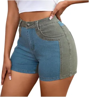 Oplxuo Women High Waisted Skinny Stretchy Denim Shorts Sexy Casual Summer Color Block Patchwork Short Jeans