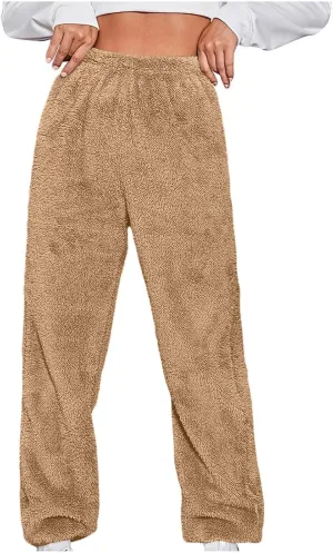 Plus Size Pajamas Pants for Women Fleece Pajama Bottoms Sleepwear Solid Color Plush Winter Cozy Lounge Pants