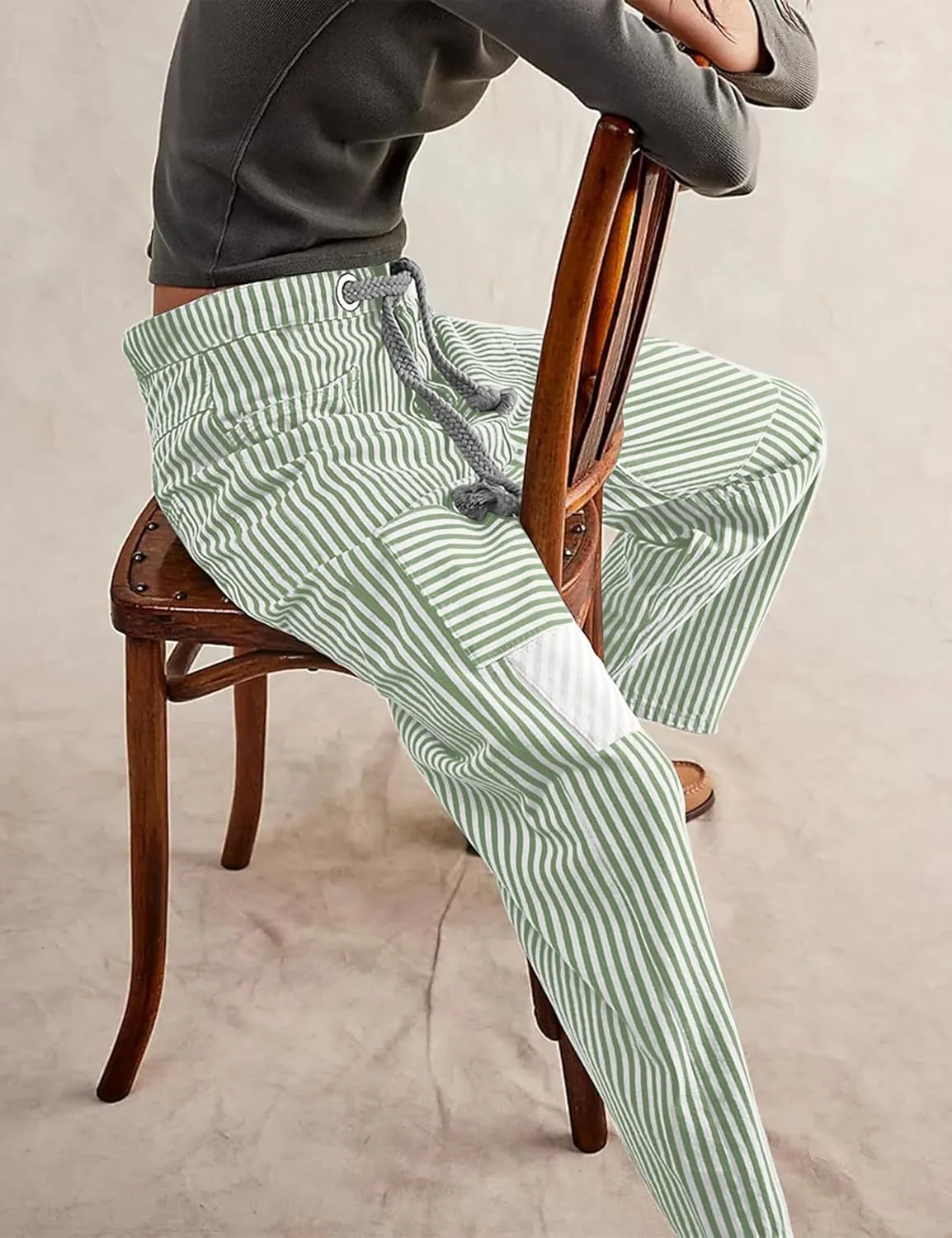 SAFRISIOR Women Striped Patchwork Pants Drawstring Barrel Pant Wide Leg Streetwear Y2k Trousers with Pockets