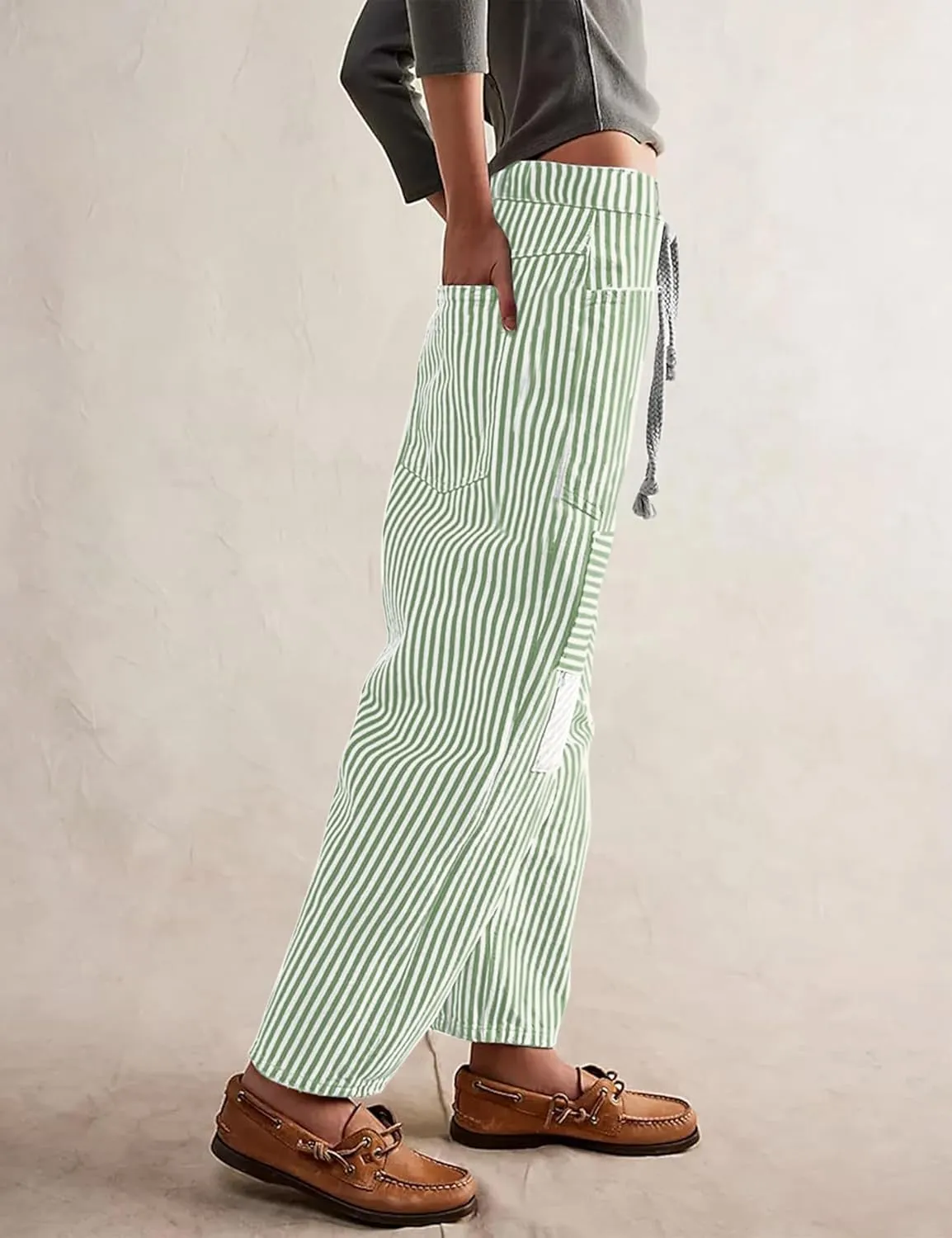 SAFRISIOR Women Striped Patchwork Pants Drawstring Barrel Pant Wide Leg Streetwear Y2k Trousers with Pockets