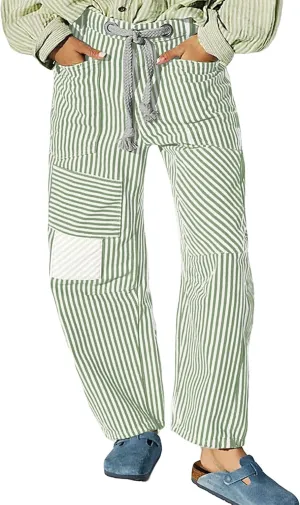 SAFRISIOR Women Striped Patchwork Pants Drawstring Barrel Pant Wide Leg Streetwear Y2k Trousers with Pockets