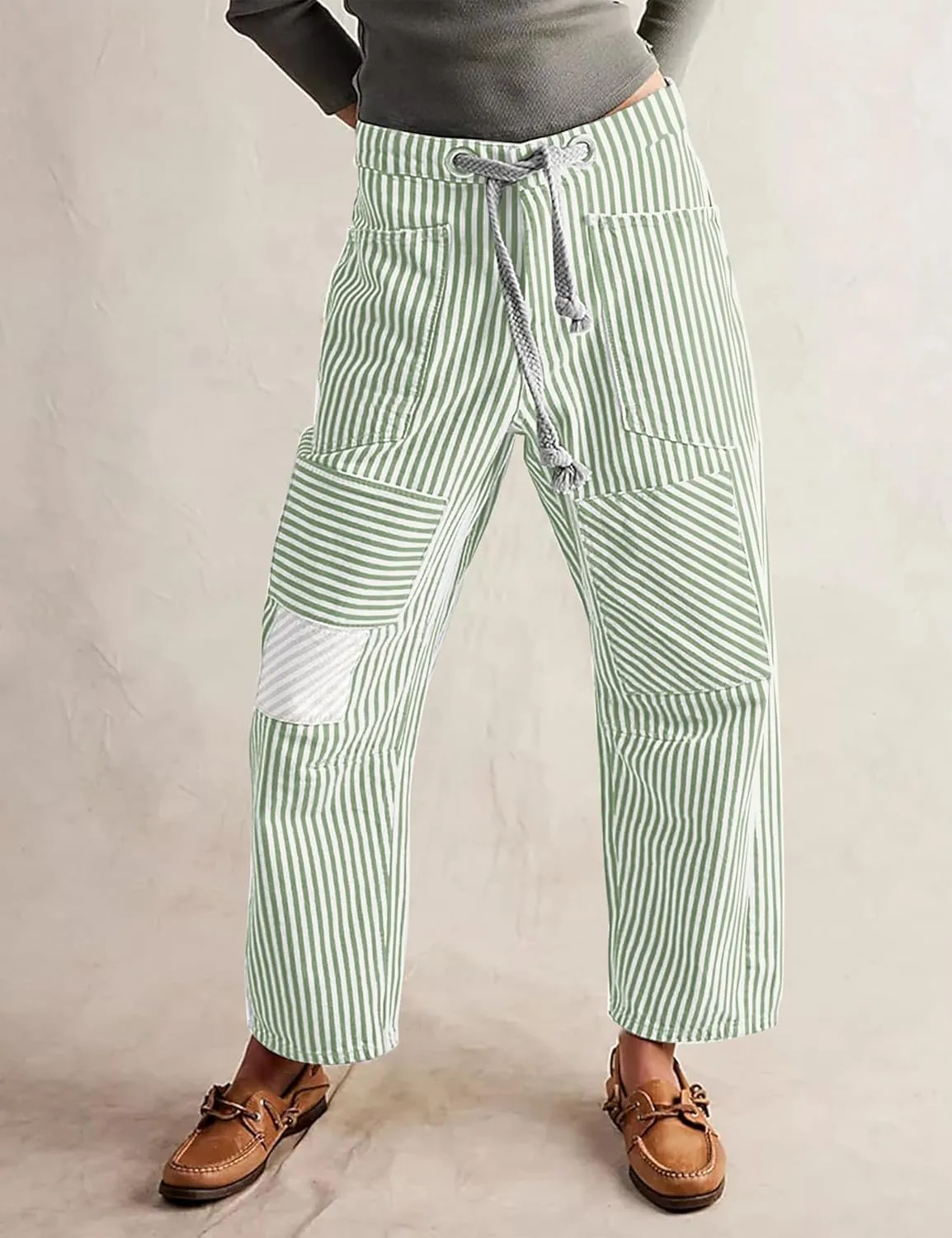 SAFRISIOR Women Striped Patchwork Pants Drawstring Barrel Pant Wide Leg Streetwear Y2k Trousers with Pockets