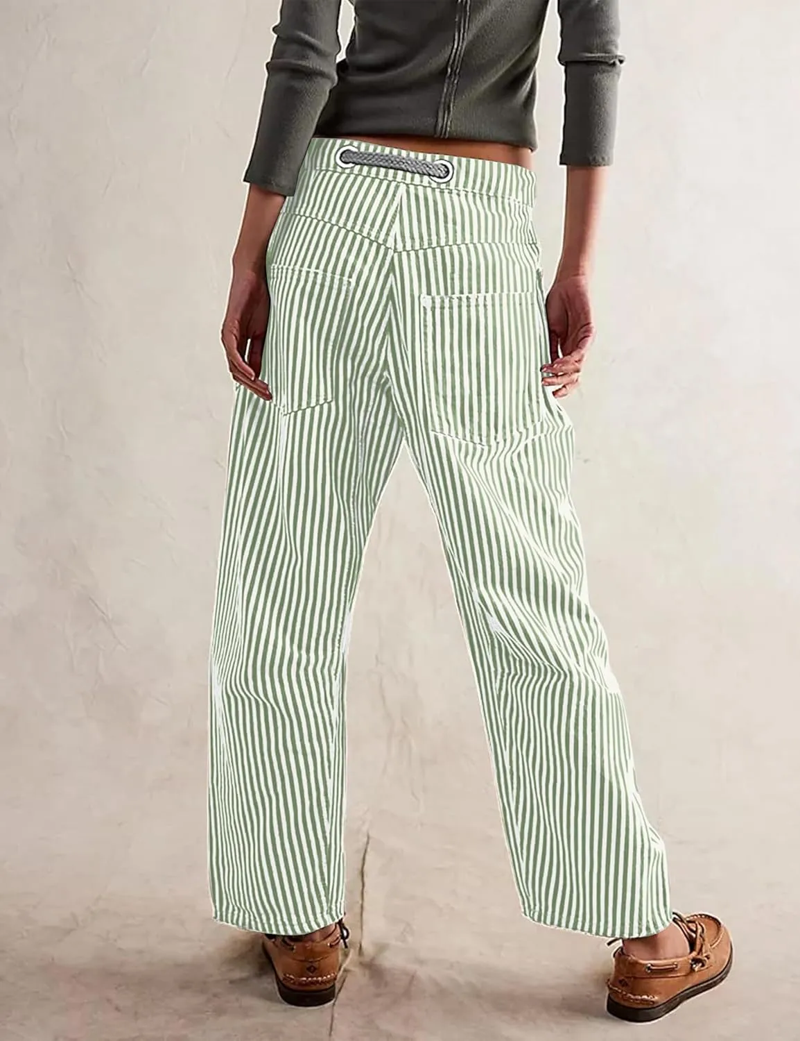 SAFRISIOR Women Striped Patchwork Pants Drawstring Barrel Pant Wide Leg Streetwear Y2k Trousers with Pockets