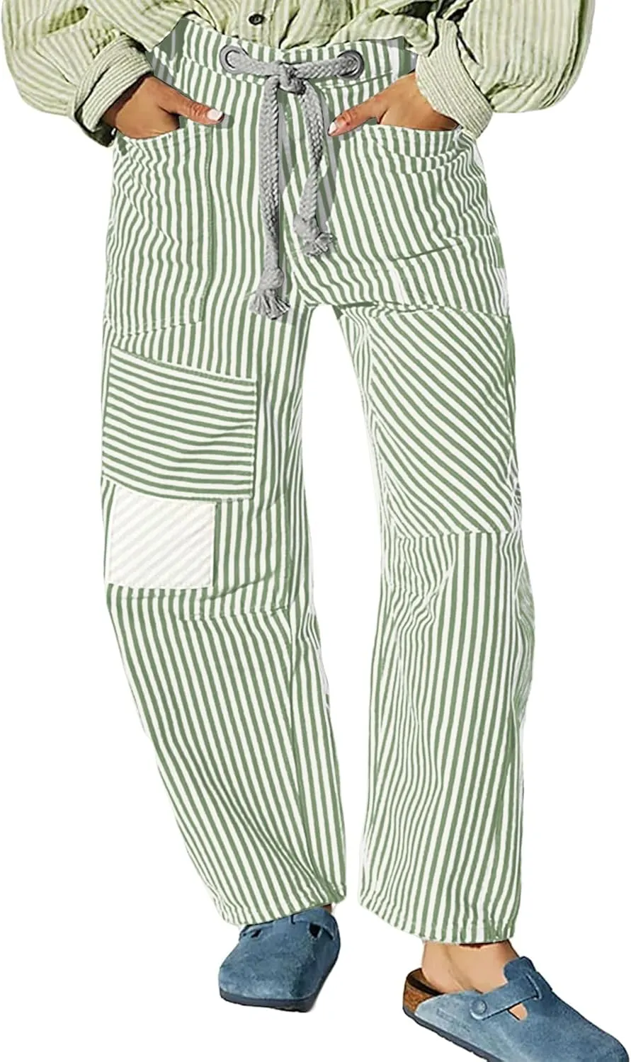 SAFRISIOR Women Striped Patchwork Pants Drawstring Barrel Pant Wide Leg Streetwear Y2k Trousers with Pockets