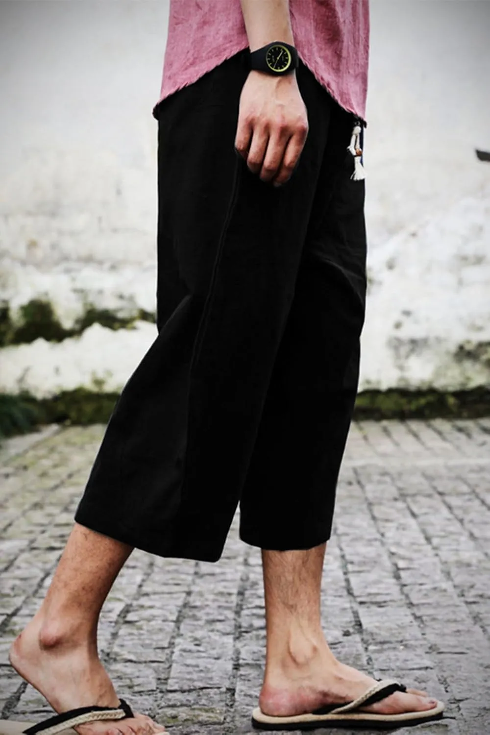 sandbank Mens Summer Casual Lounge Baggy Patchwork Linen Shorts Harem Capri Pants