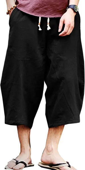 sandbank Mens Summer Casual Lounge Baggy Patchwork Linen Shorts Harem Capri Pants