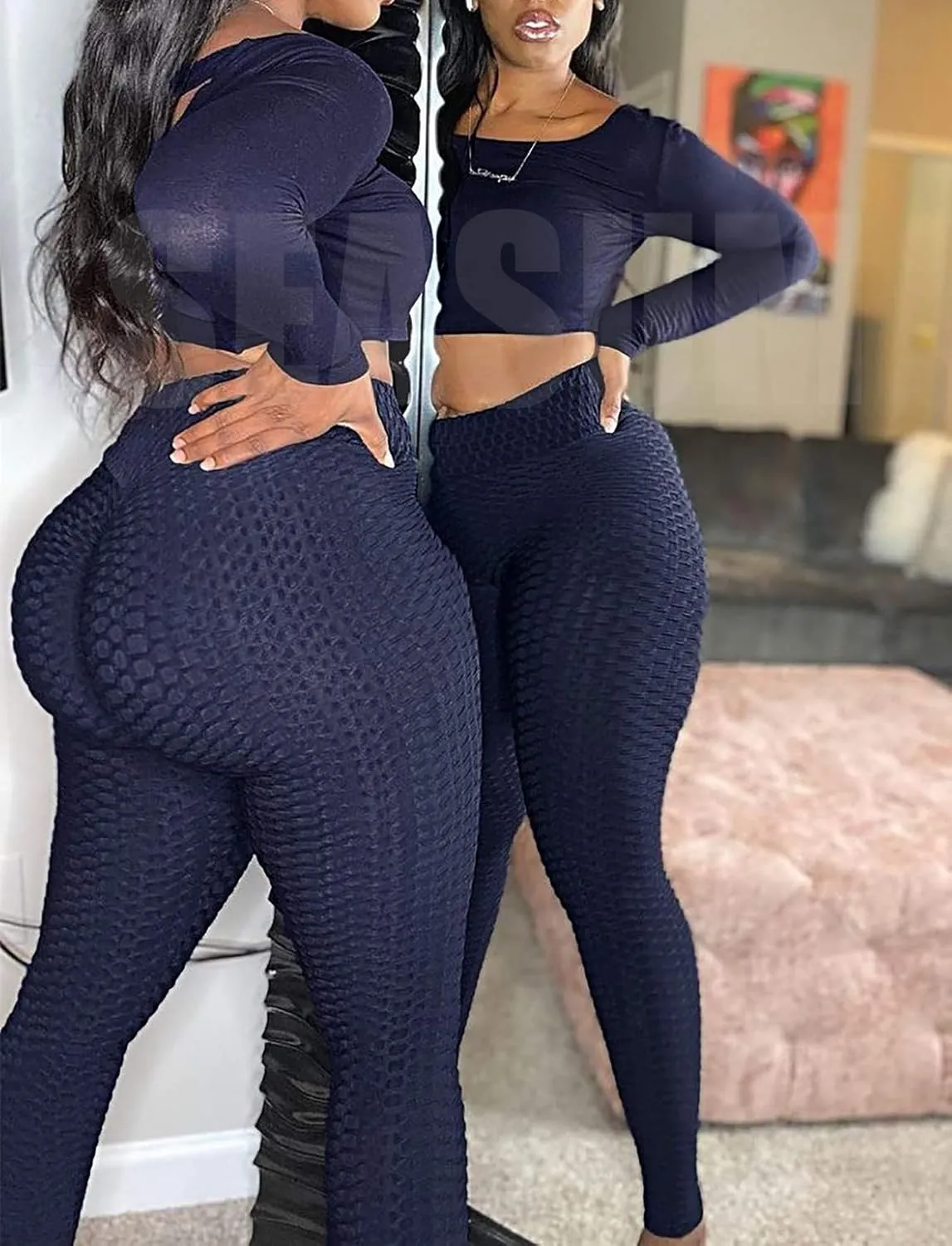 SEASUM Women High Waisted Workout Yoga Pants Butt Lifting Scrunch Booty Leggings Tummy Control Anti Cellulite Textured Tights