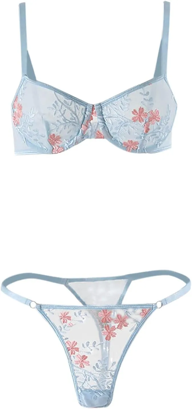 Sexy Lingerie for Women Embroidery Lace Floral Bra and Sexy Panties 2 Pieces Set Strap Bralette Babydoll Underwear