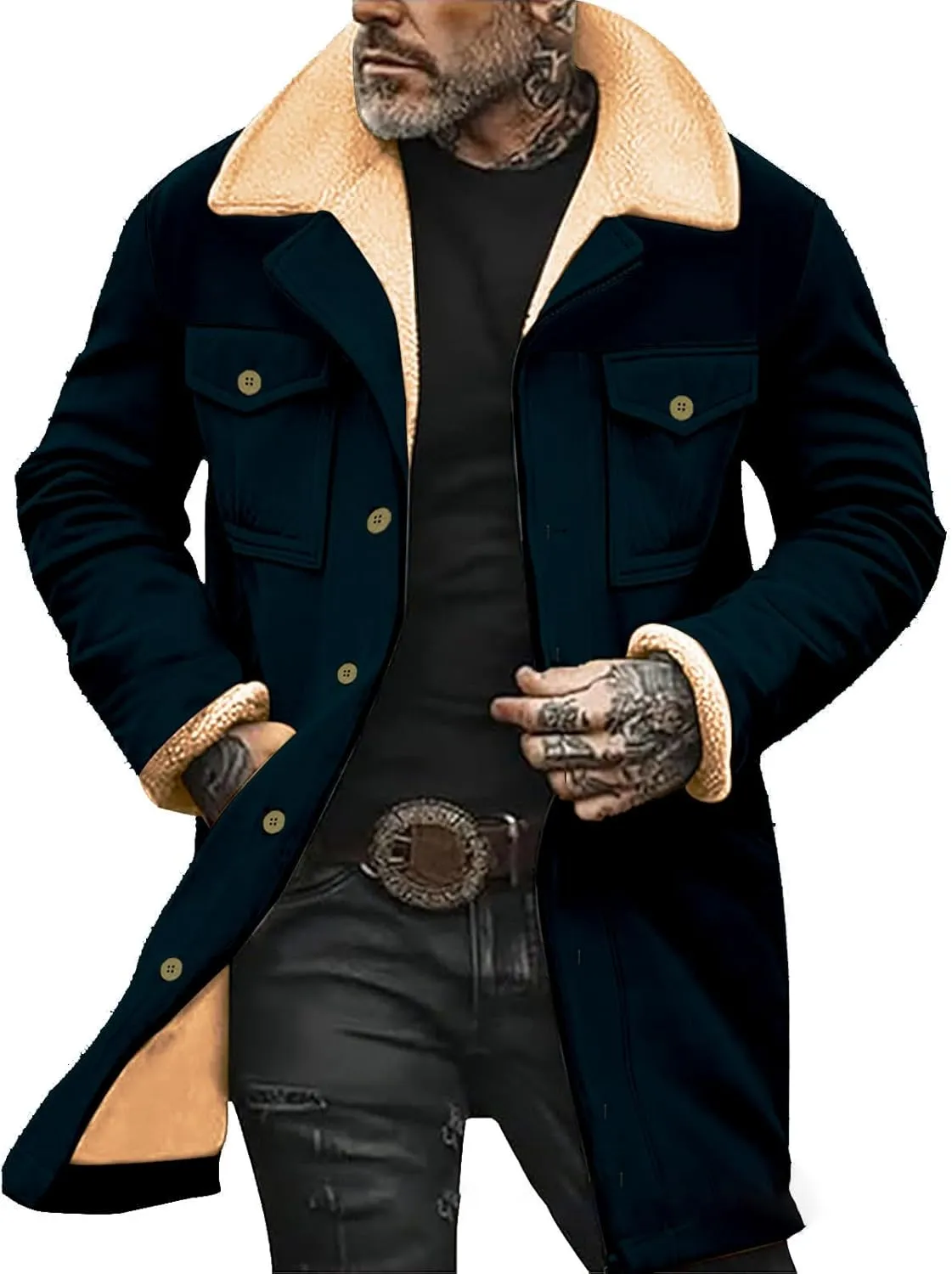 Sherpa Lined Leather Jacket for Men Plush Reversed Collar Outdoor Jacket Suede Long Trench Coats Western Cowboy Jacket