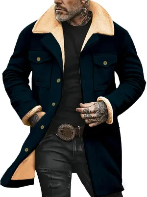 Sherpa Lined Leather Jacket for Men Plush Reversed Collar Outdoor Jacket Suede Long Trench Coats Western Cowboy Jacket