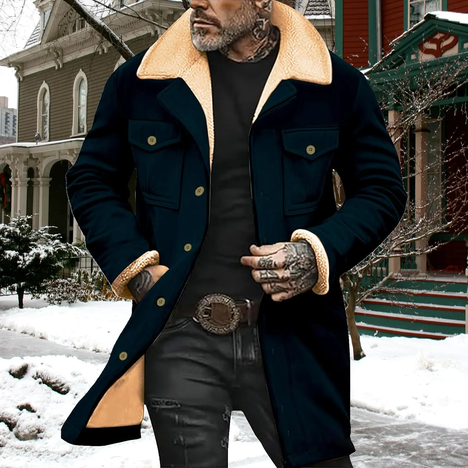 Sherpa Lined Leather Jacket for Men Plush Reversed Collar Outdoor Jacket Suede Long Trench Coats Western Cowboy Jacket