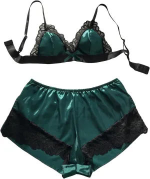 SOLY HUX Women's Contrast Lace Satin Lingerie Set Bra and Shorts Pajama Sets