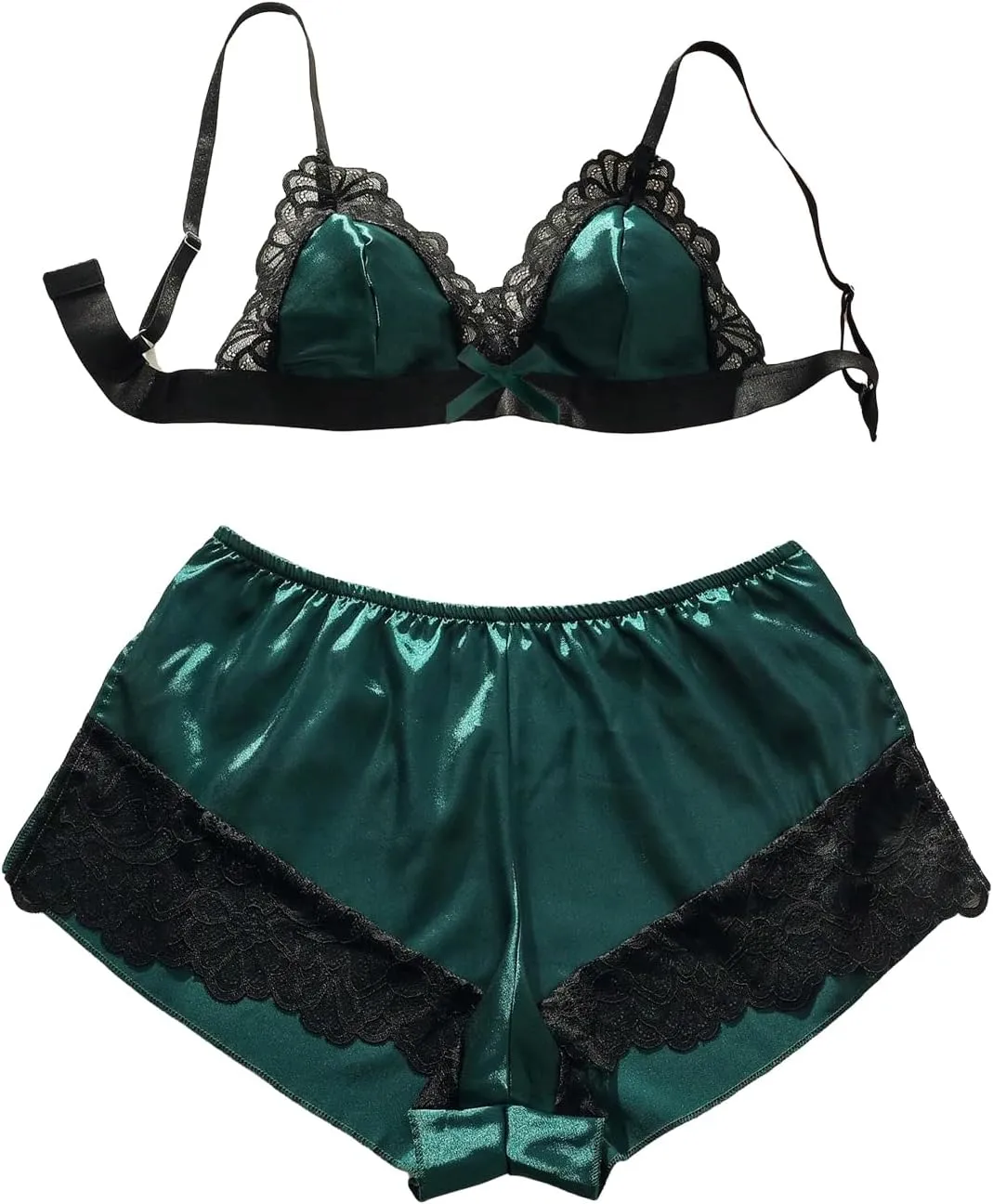 SOLY HUX Women's Contrast Lace Satin Lingerie Set Bra and Shorts Pajama Sets
