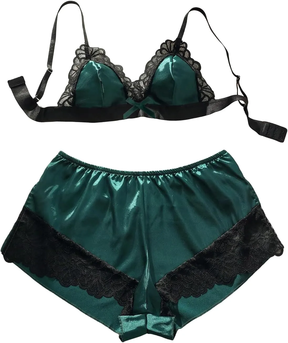 SOLY HUX Women's Contrast Lace Satin Lingerie Set Bra and Shorts Pajama Sets