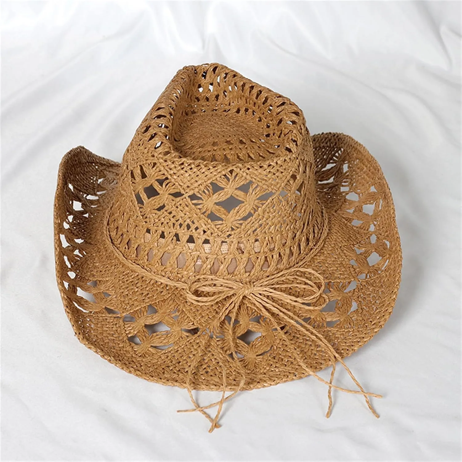 Straw Cowboy Hats Ventilated Hollow Round Foldable Sun Hats for Women Summer Western Cowgirl Beach Hat Photo Prop
