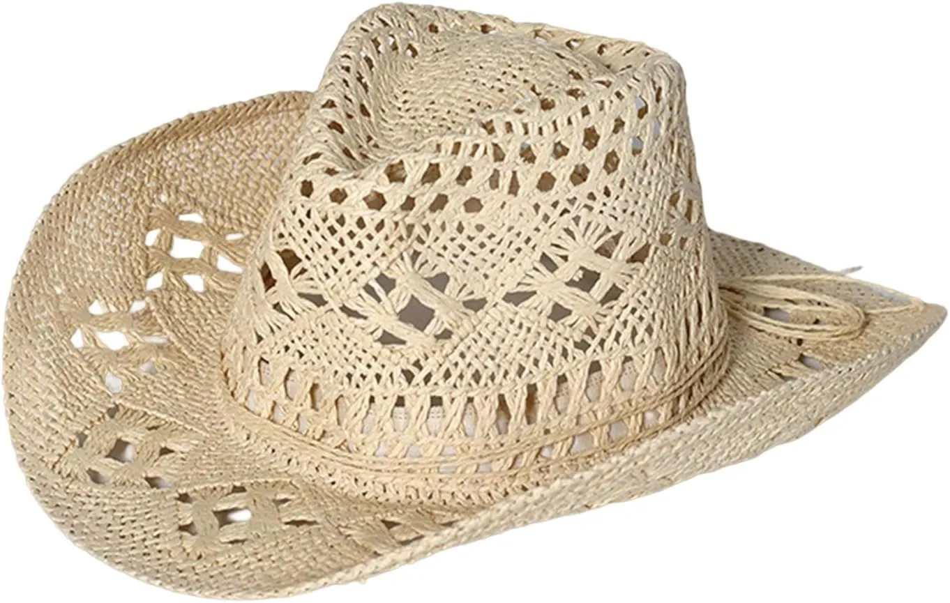 Straw Cowboy Hats Ventilated Hollow Round Foldable Sun Hats for Women Summer Western Cowgirl Beach Hat Photo Prop
