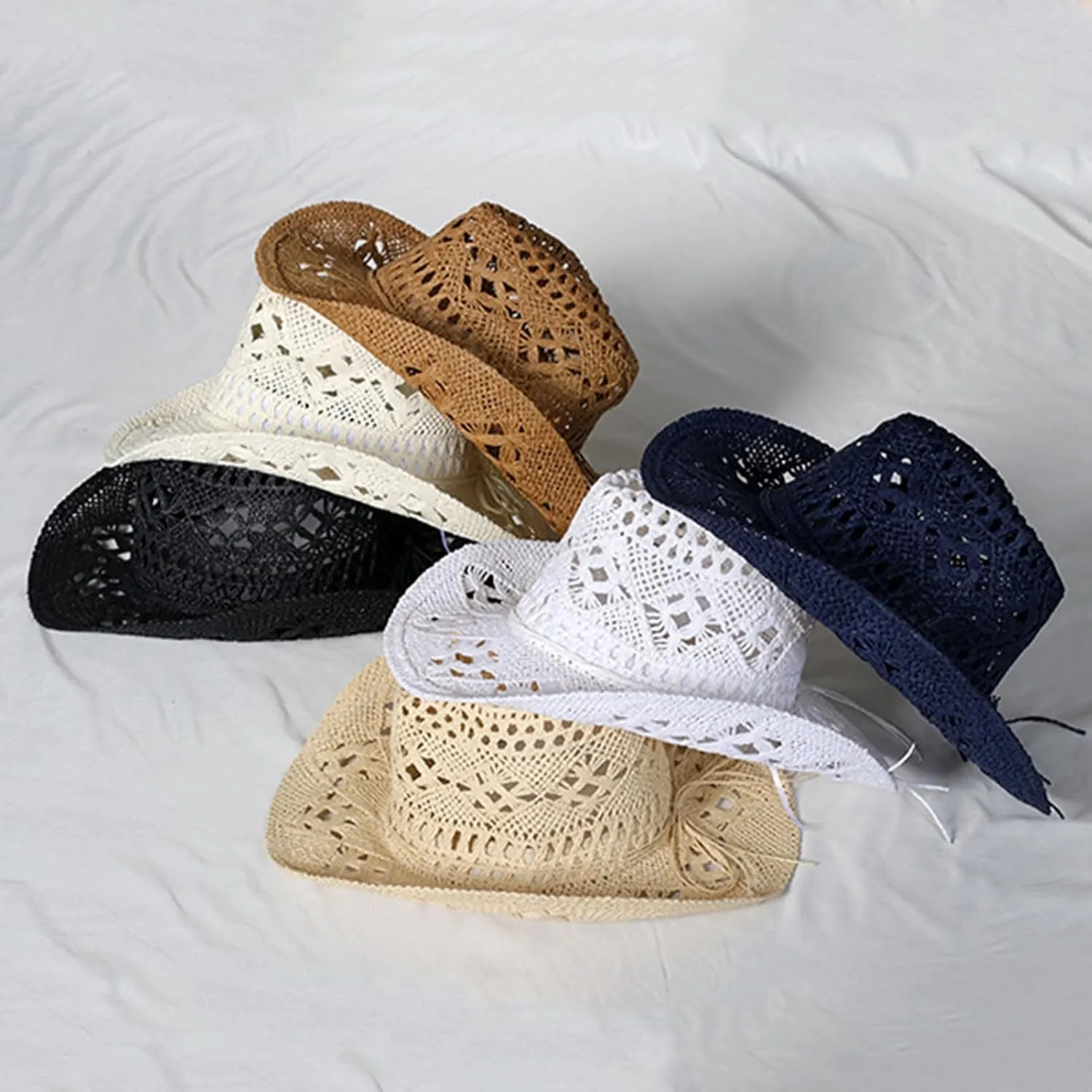 Straw Cowboy Hats Ventilated Hollow Round Foldable Sun Hats for Women Summer Western Cowgirl Beach Hat Photo Prop