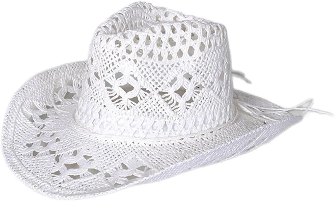 Straw Cowboy Hats Ventilated Hollow Round Foldable Sun Hats for Women Summer Western Cowgirl Beach Hat Photo Prop