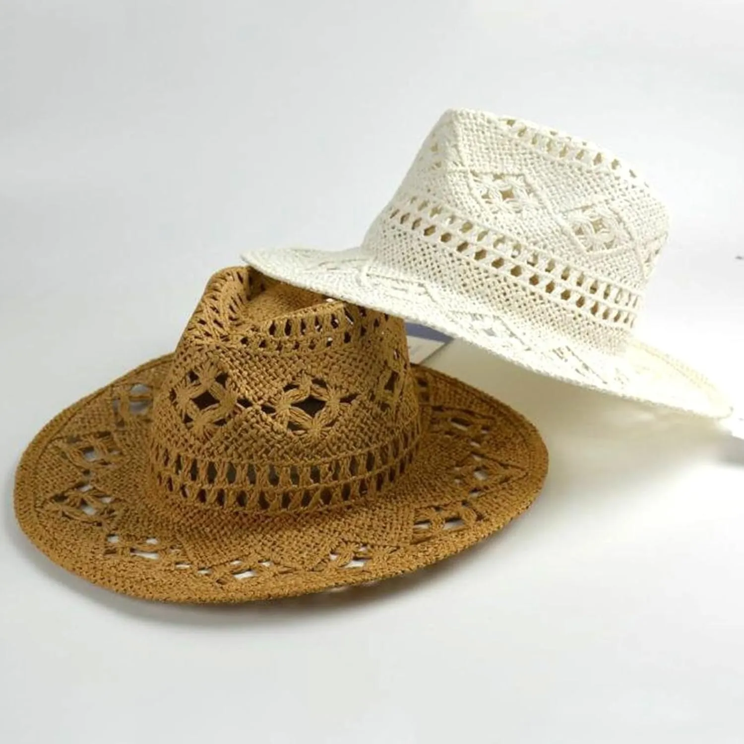 Straw Cowboy Hats Ventilated Hollow Round Foldable Sun Hats for Women Summer Western Cowgirl Beach Hat Photo Prop