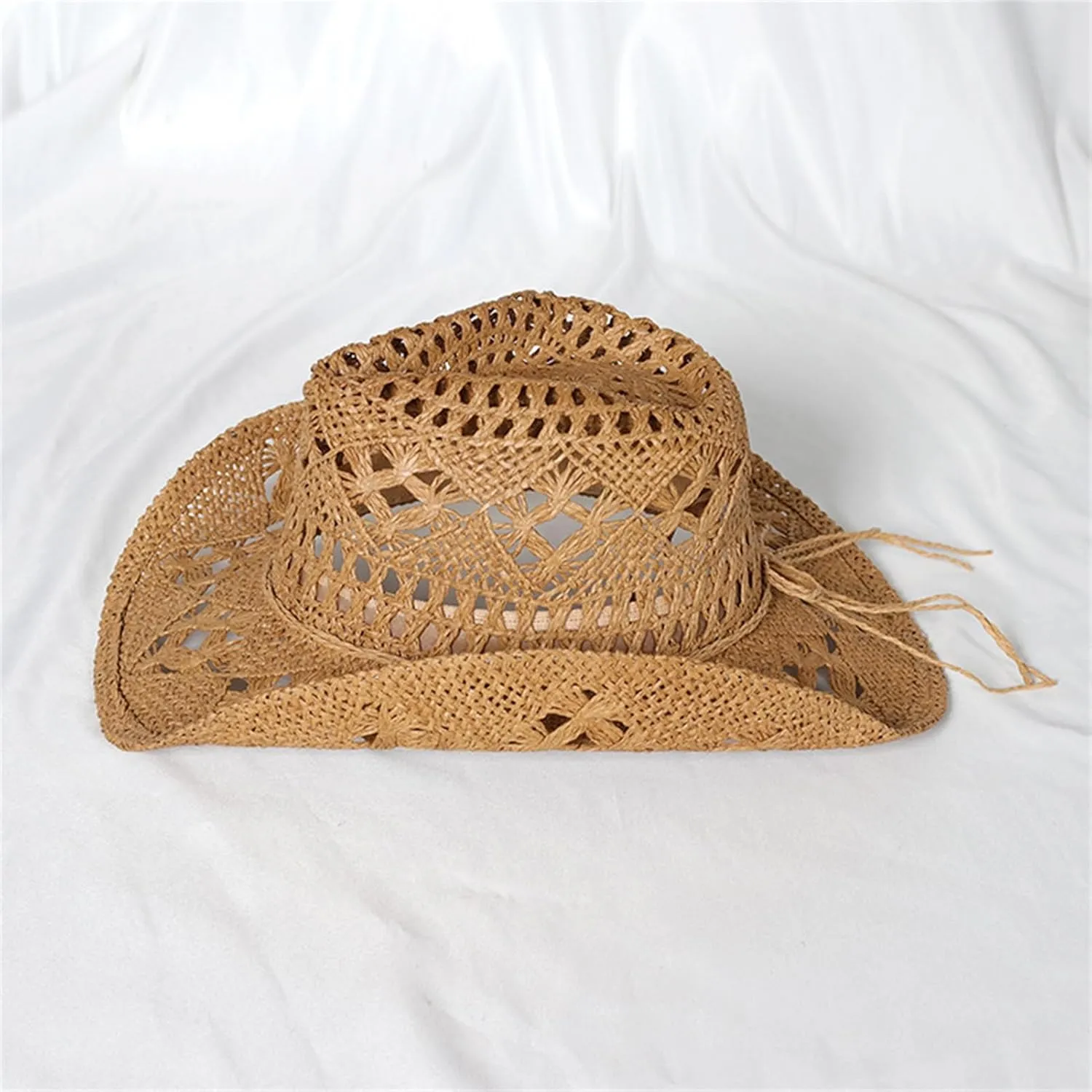Straw Cowboy Hats Ventilated Hollow Round Foldable Sun Hats for Women Summer Western Cowgirl Beach Hat Photo Prop