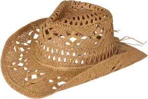 Straw Cowboy Hats Ventilated Hollow Round Foldable Sun Hats for Women Summer Western Cowgirl Beach Hat Photo Prop