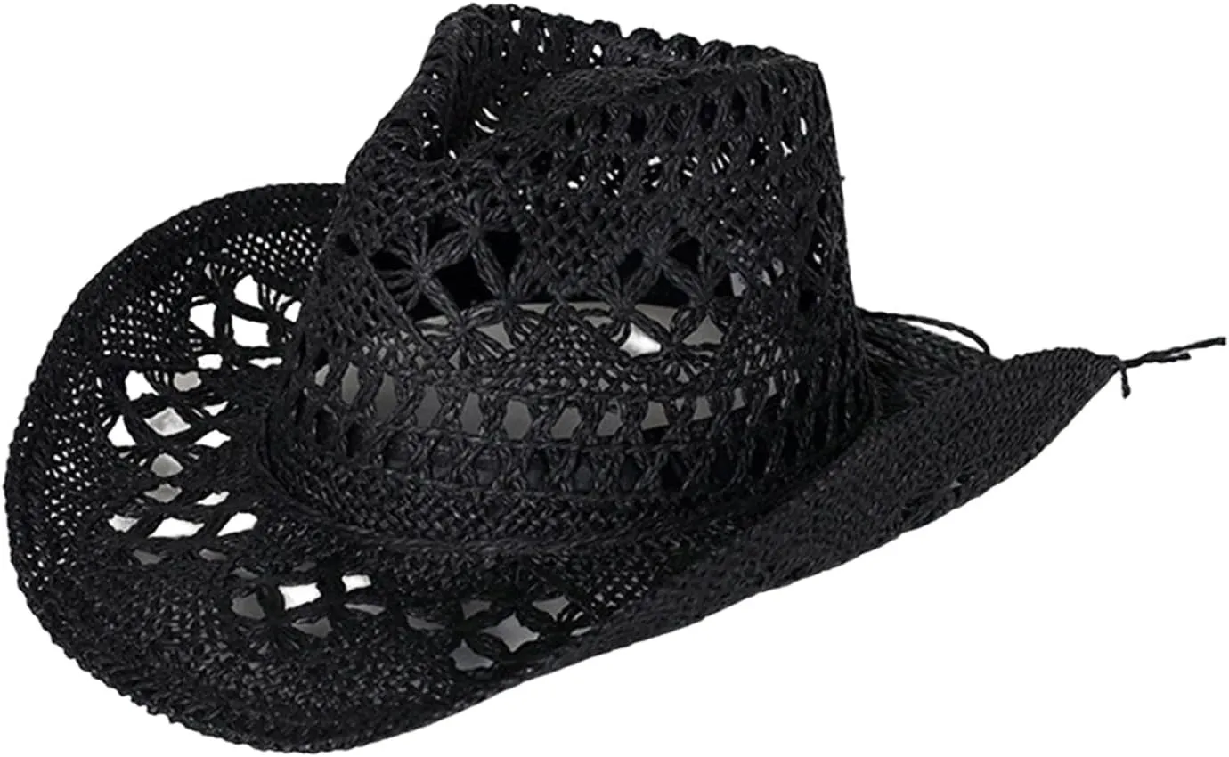 Straw Cowboy Hats Ventilated Hollow Round Foldable Sun Hats for Women Summer Western Cowgirl Beach Hat Photo Prop
