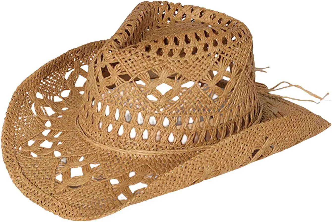 Straw Cowboy Hats Ventilated Hollow Round Foldable Sun Hats for Women Summer Western Cowgirl Beach Hat Photo Prop