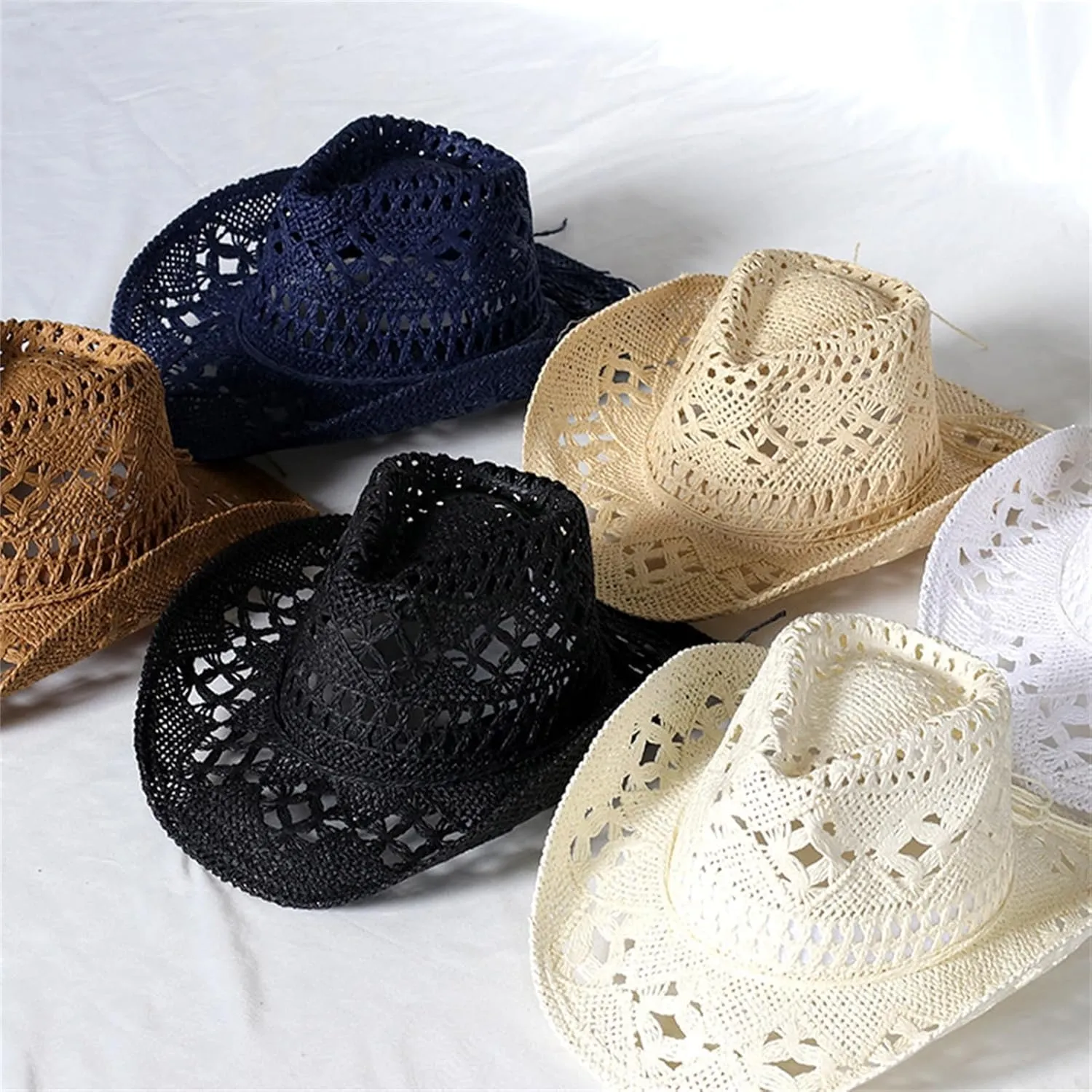 Straw Cowboy Hats Ventilated Hollow Round Foldable Sun Hats for Women Summer Western Cowgirl Beach Hat Photo Prop